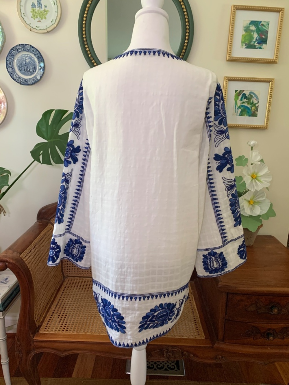 Zara Blue White Embroidered Short Mini Kaftan Caftan XS Dress A2 - Picture 3 of 5